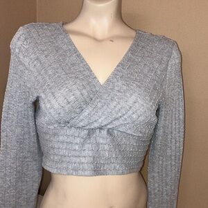 SHEIN Grey Cross Front Long Sleeve Crop Top Size Medium. Preloved